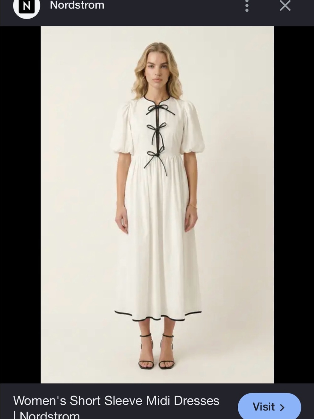 Nordstrom Linen-Blend Cream Midi Dress with Black Trim and Bows